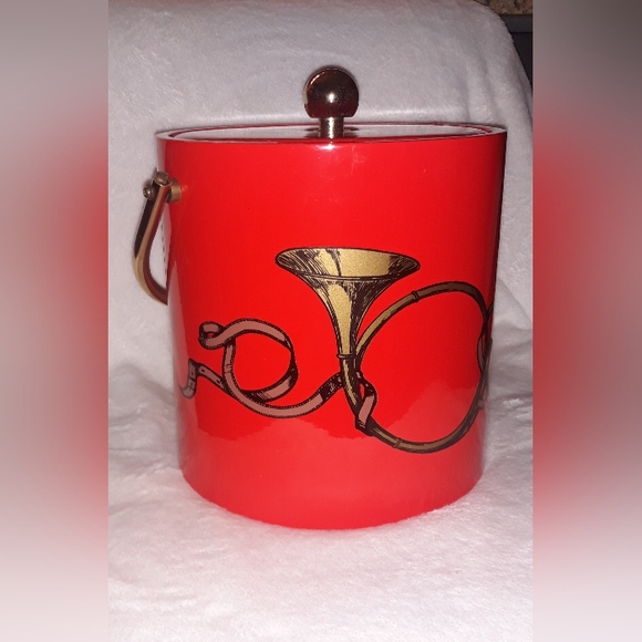 Daniel Baer Signed Hunting Horn Motif Ice Bucket Red & Gold - Picture 10 of 12